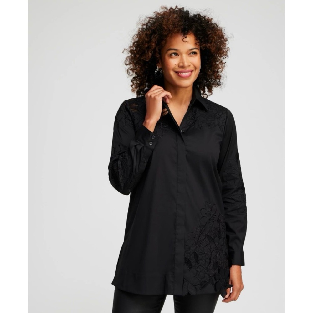NWT Chicos Poplin Lace Tunic in Black size Large (12-14) Cotton Flower Workwear
